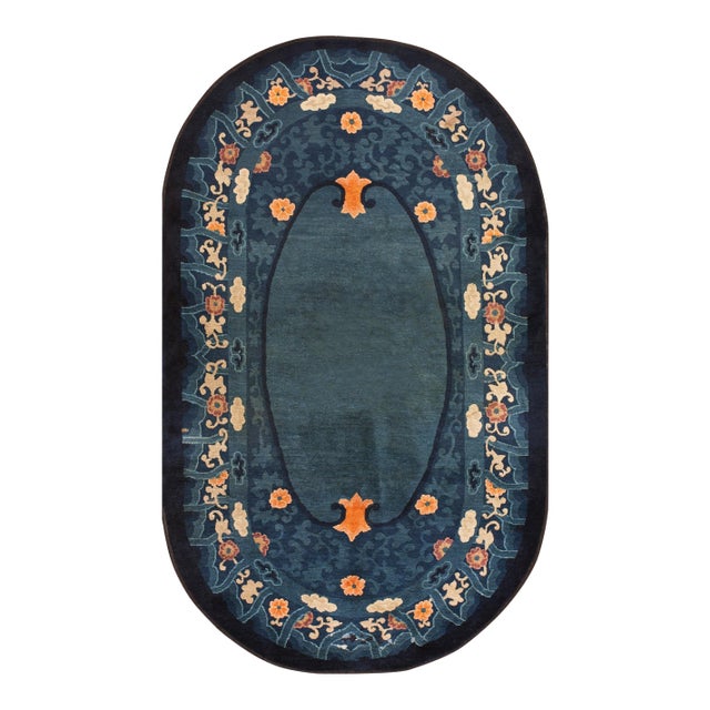 1920s Blue Floral Oval Antique Chinese Peking Carpet 4' X 6'8" Handknotted Wool Rug For Sale
