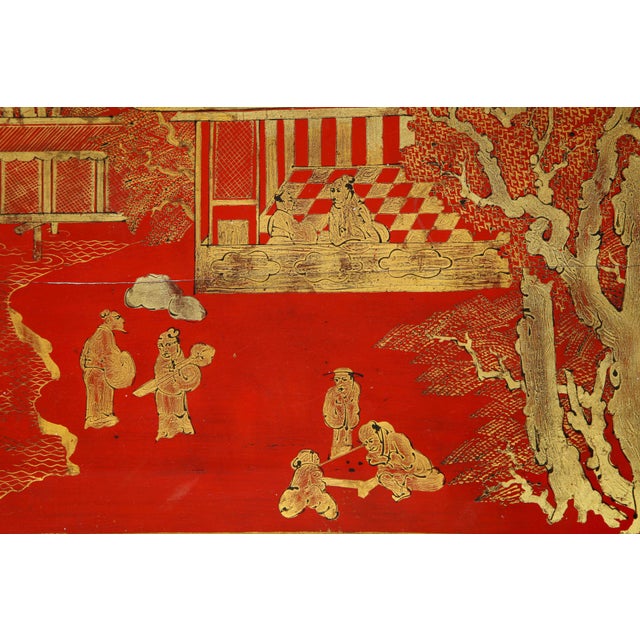 Vintage Hand Painted Red Lacquered Chinoiserie Cocktail/Coffee Table For Sale - Image 10 of 11