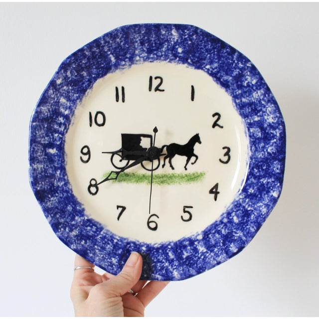 Farmhouse Hand-Painted Spongeware Pastoral Scene With a Horse-Drawn Carriage Wall Clock For Sale - Image 3 of 5