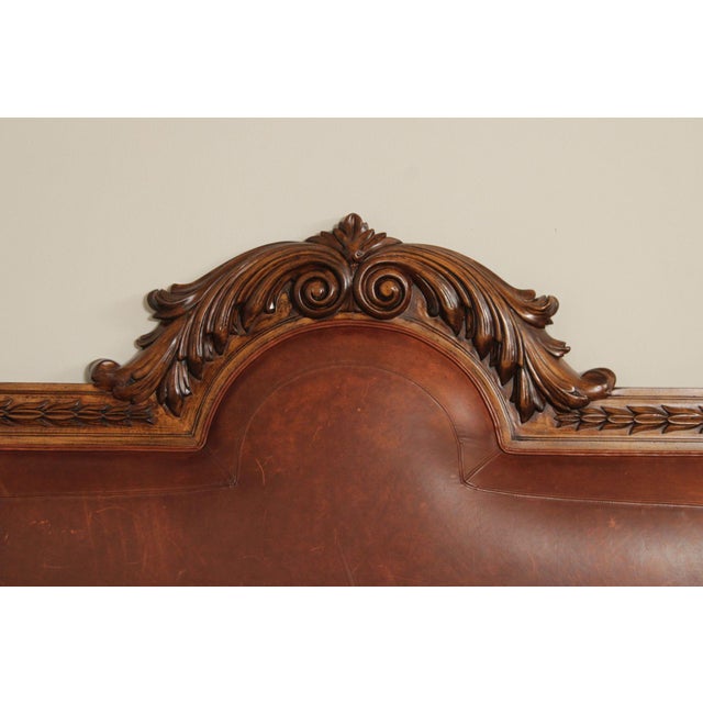 Rustic European Style Queen Size Carved Wood And Leather Headboard
