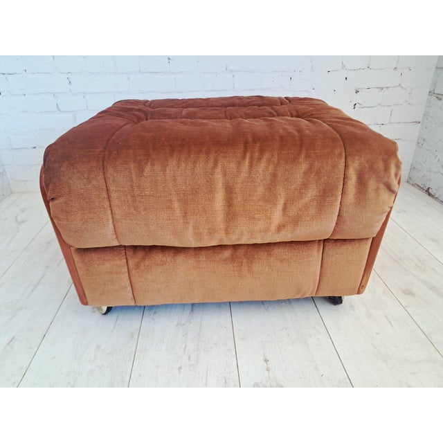 Mid-Century Saddle Ottoman in Teak and Caramel Velour on Castors from G-Plan, 1980s For Sale - Image 11 of 14