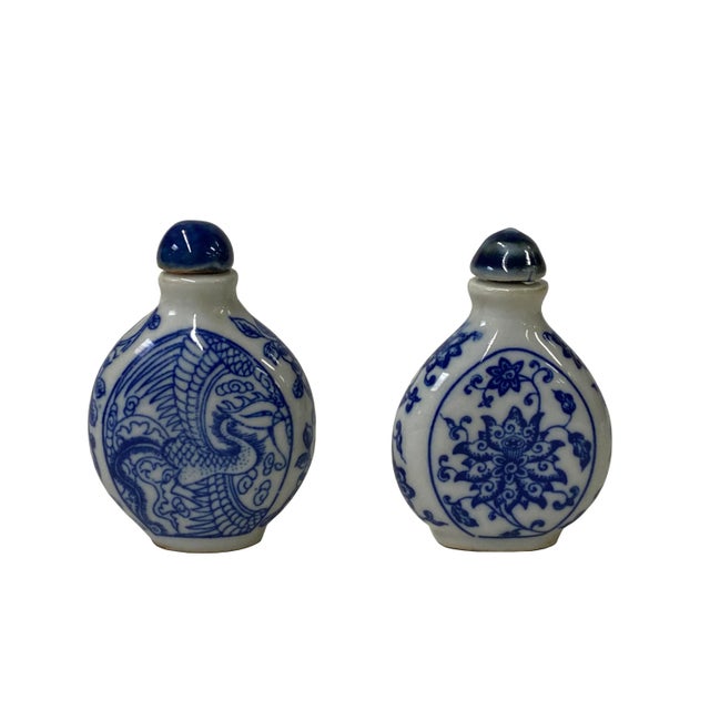 Chinese 2 X Chinese Porcelain Snuff Bottle Blue White Flower Phoenix Graphic For Sale - Image 3 of 5