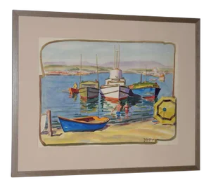 Justin Faivre (1902-1990) "Day at the Beach" Original Watercolor C.1944