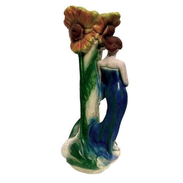 Art Nouveau Chalkware Sculpture Vase Maiden and Sunflowers, Circa 1910 For Sale - Image 4 of 8