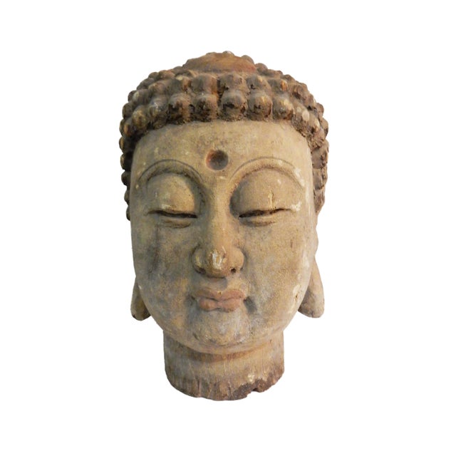 Lg Asian Carved Wood Gautama Buddha Head For Sale - Image 10 of 10