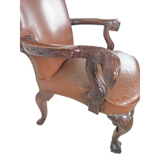 Animal Skin Vintage Maitland-Smith Carved Wood & Brown Leather Armchair For Sale - Image 7 of 18