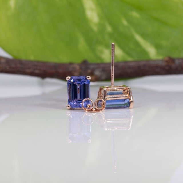 Metal Aaa Tanzanite Solitaire Studs, Emerald Cut 7x5mm - Fine Solid 14k Gold, Pair For Sale - Image 7 of 8