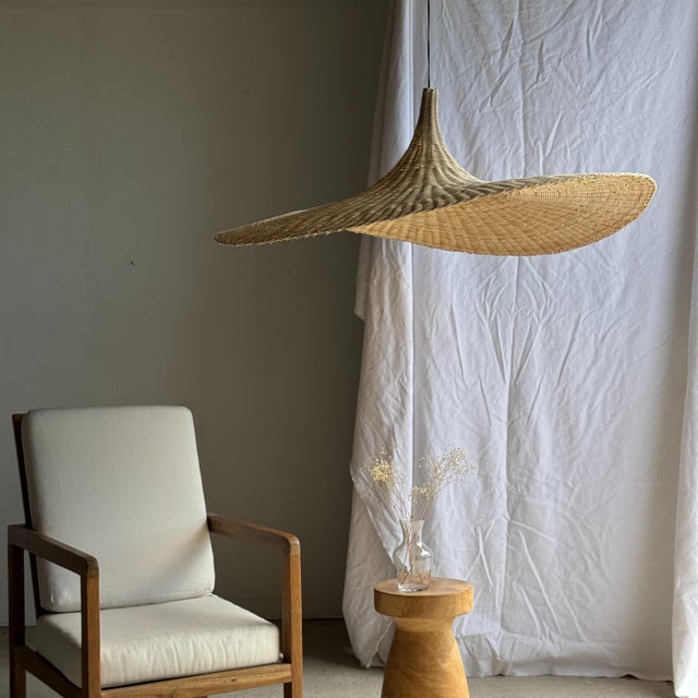 Large Hat-Shaped Rattan Pendant Light, 1980s For Sale - Image 10 of 18