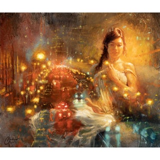 Double Entendre 2 by Christopher Clark | Oil Painting of a woman amidst a cityscape at night For Sale