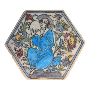 Antique Hexagonal Persian Iznik Qajar Style Ceramic Pottery Tile Woman