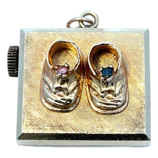 Vintage 14k Gold Music Box Charm Pendant With Baby Shoe Design For Sale