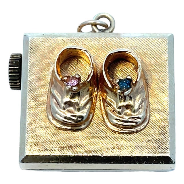Vintage 14k Gold Music Box Charm Pendant With Baby Shoe Design For Sale