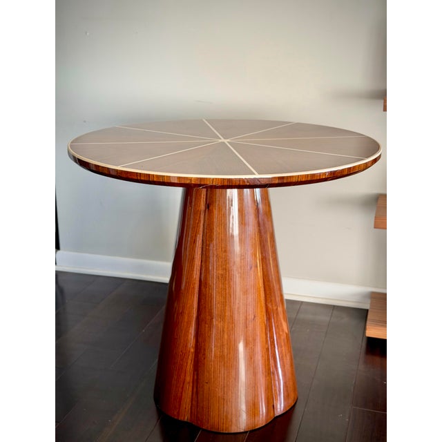 Wood Made Goods Novak Entryway Table in Teak Gloss and Faux Bone Inlay Mid-Century Style Round Pedestal Entry Table For Sale - Image 7 of 12