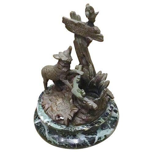 Antique bronze fox and rooster sculpture on a marble base. The rooster is perched on a rustic sign "Ouverture de la...