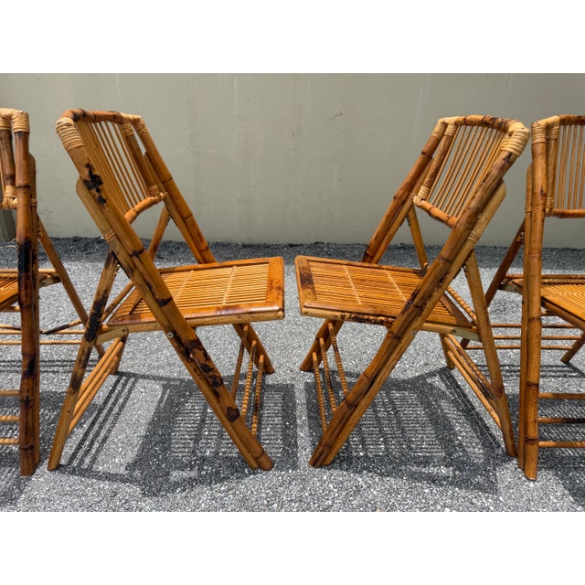 Vintage Set of 8 Tiger Bamboo Folding Side Chairs, Bohemian Chic from the Mid-Century Modern Period in British Colonial...