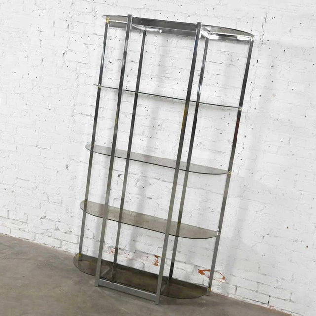 Metal Mid-Century Modern Bow Shape Chrome Etagere 5 Smoked Glass Shelves Style of James David or Dia For Sale - Image 7 of 12