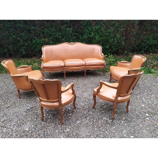 Regency living room in tan leather, beautiful condition. Shepherdess h 78/l62/p68 Convertible h84/l63/p65