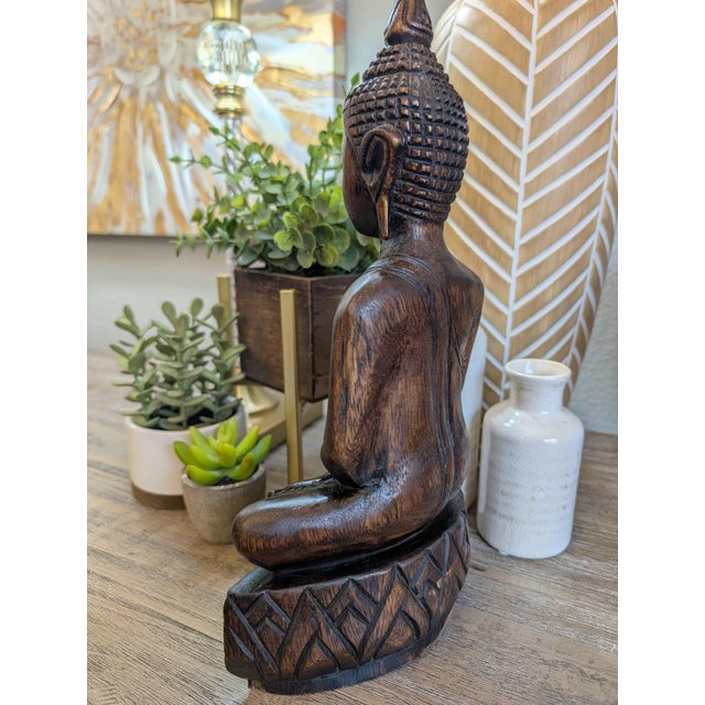 Boho Chic Vintage Hand Carved Wooden Buddha Statue Sculpture Meditation Figure 14” Thai For Sale - Image 3 of 12