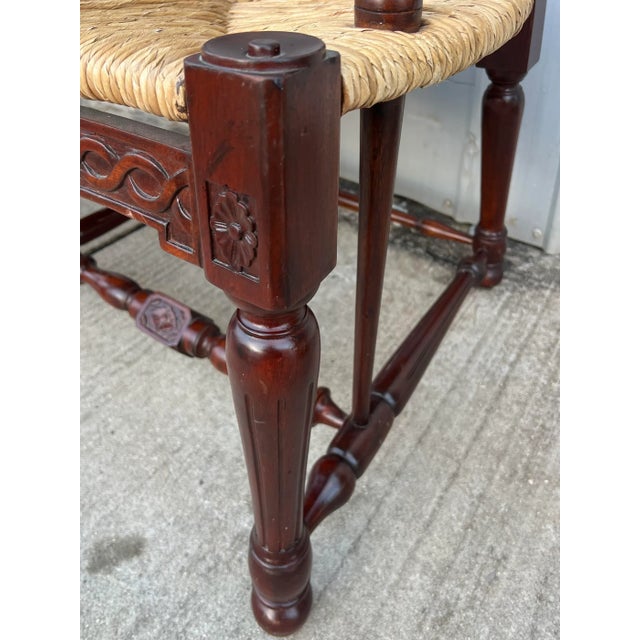 Wood Carved Country French Rush Seat Ladderback Settee For Sale - Image 7 of 9