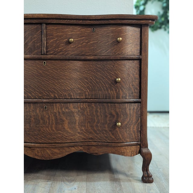 Victorian Tiger Oak Dresser W/ Curved Front & Dovetail Drawers For Sale - Image 3 of 5