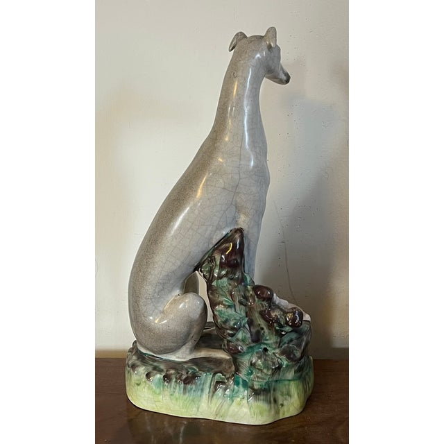 Gray Very Large Antique 19th Century English Staffordshire Pottery Dog Figure of a Greyhound or Whippet and Hare or Rabbit For Sale - Image 8 of 16