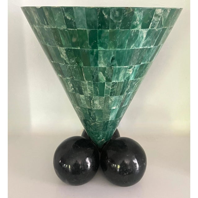 Tessellated Malachite Cone Shape Table with Black Marble Tessellated Sphere Legs For Sale In Los Angeles - Image 6 of 12