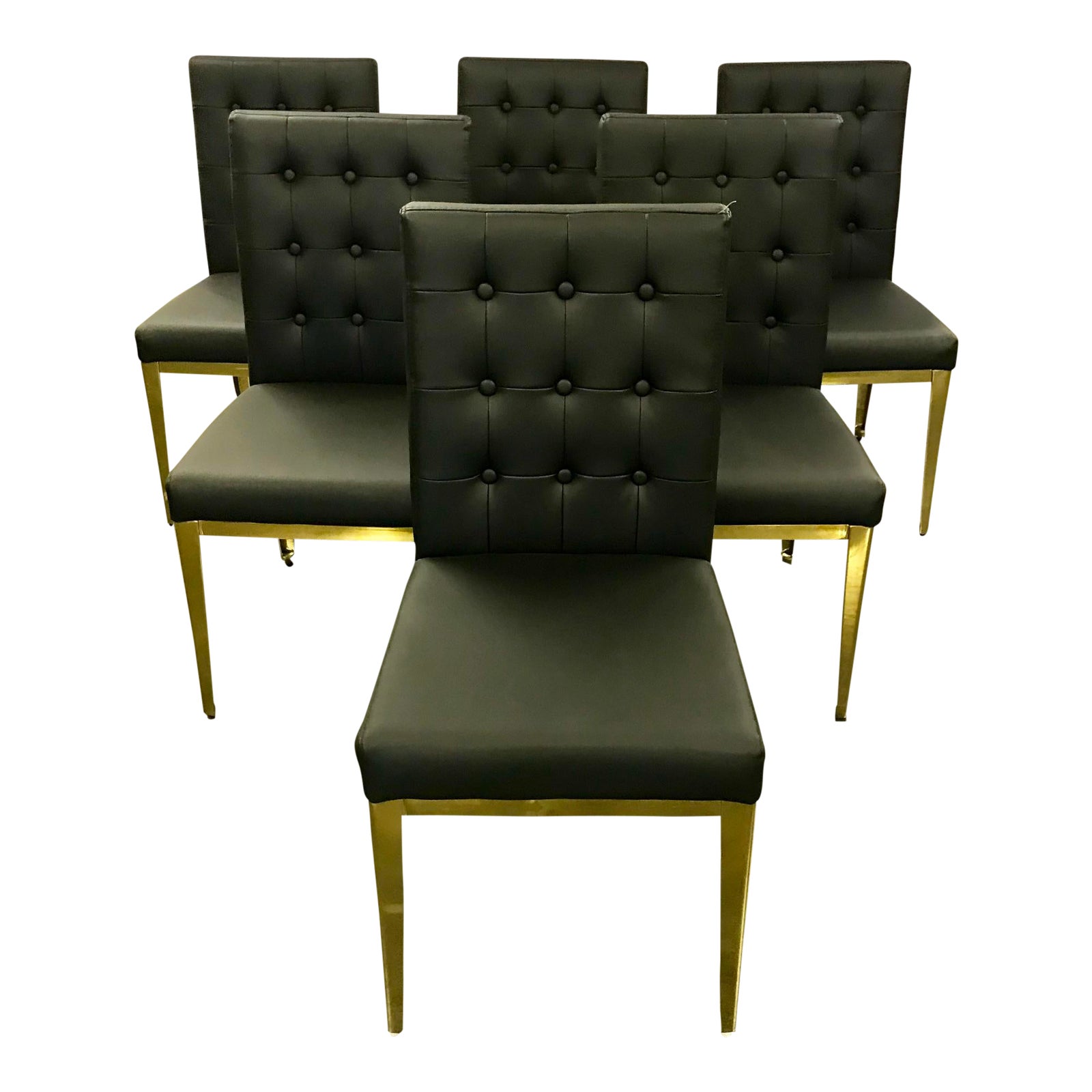 Tufted Black Leather and Brass Dining Chairs Set of 6 Chairish