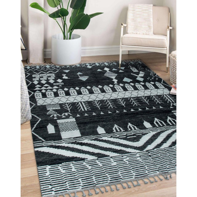 Black 6x9 Bold Tribal Black and Cream Tribal Design Modern Contemporary Berber Carpet Rug For Sale - Image 8 of 9
