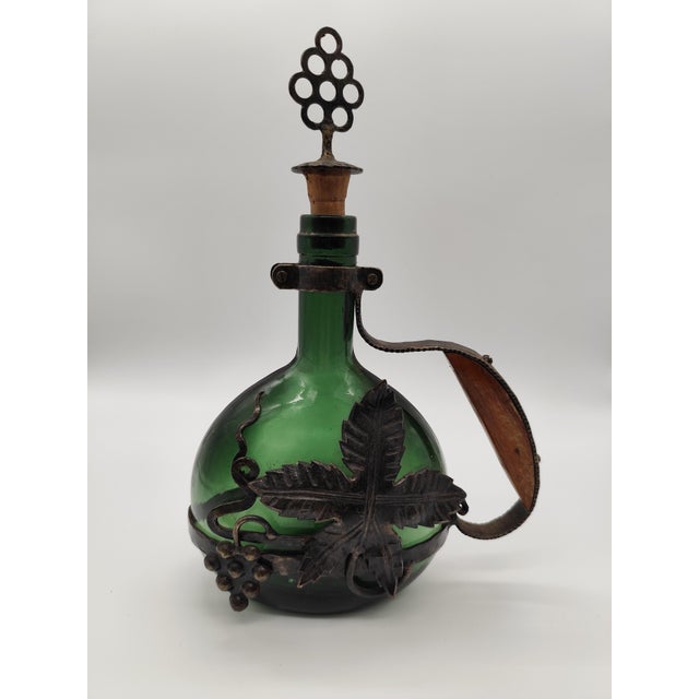 Antique 18th Century Green Glass Bocksbeutel Bottle with Dark Metal Mount and Ring-Shaped Stopper, in Very Good...