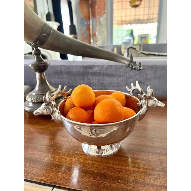 Silver Silver Plate Hammered Bowl with Stag Handles For Sale - Image 8 of 9