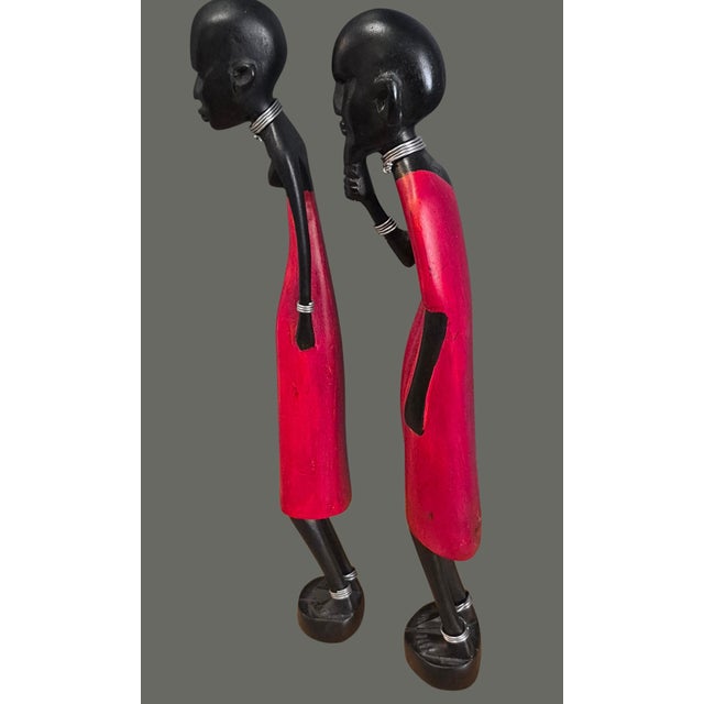 African Figural Couple Carved Painted Wood Tribal Maasi Statuettes For Sale - Image 6 of 10