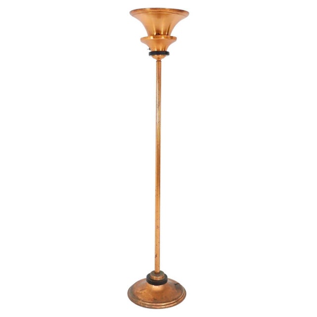 1920s Art Deco Cooper & Wood Detail Torchiere Floor Lamp For Sale - Image 6 of 6
