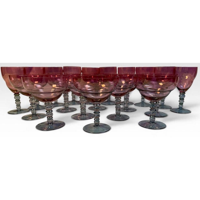 Mid-Century Modern Vintage Mid-Century Cranberry Pink and Clear Art Glass Stemware Lot of 20 For Sale - Image 3 of 15