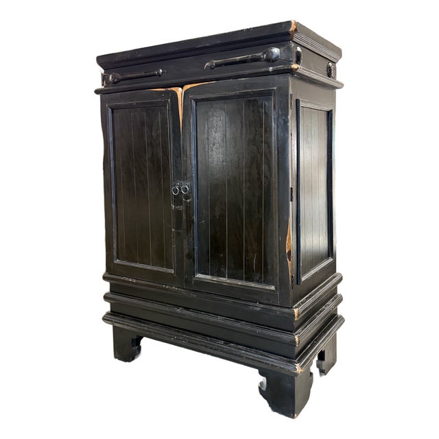 Asian-Inspired Black Wood Armoire/ Media Center, Vintage For Sale