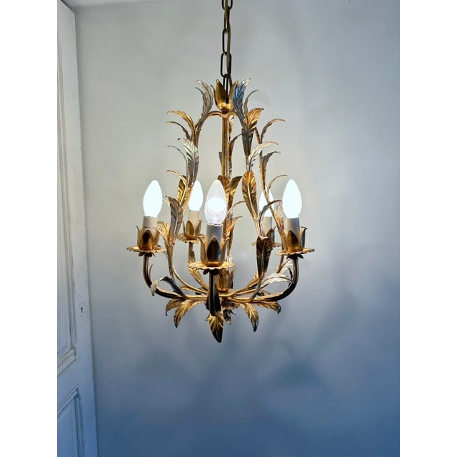 French Gilt and Silvered Tole Leaf 5-Light Chandelier, 1960s For Sale - Image 13 of 16