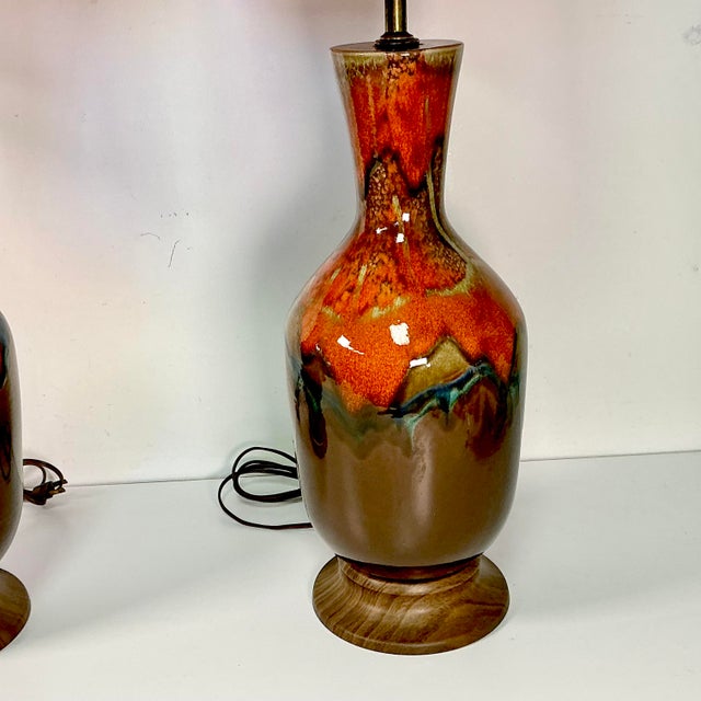 Persimmon 1960s Vintage Boho Chic Glazed Drip Ceramic Table Lamps - A Pair, New Shades. For Sale - Image 8 of 15