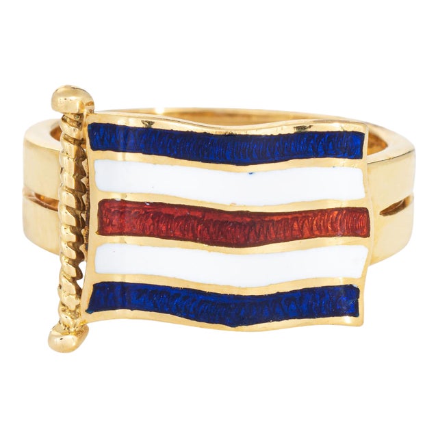 Vintage Nautical Flag Ring Signal C Charlie 18k Yellow Gold 6.5 Marine Jewelry For Sale