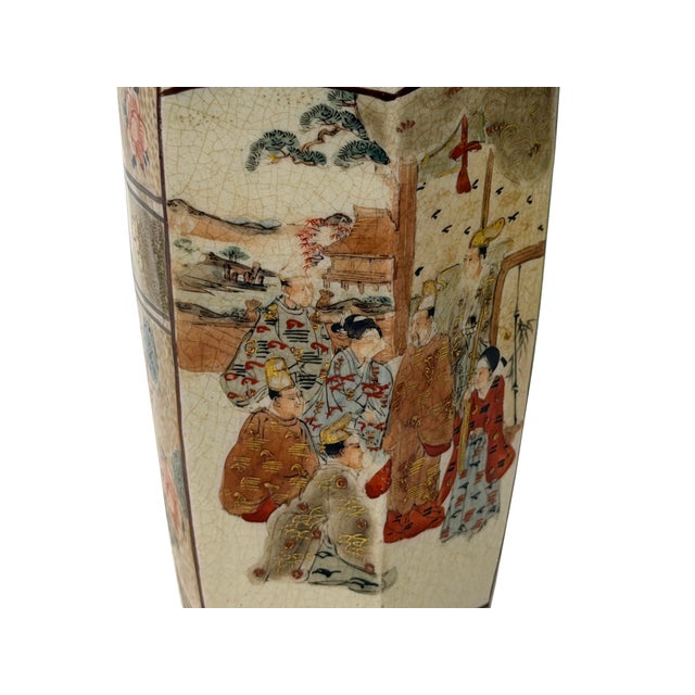 6" Asian Satsuma Style Hexagonal Figures Painted Porcelain Art Vase For Sale - Image 11 of 12