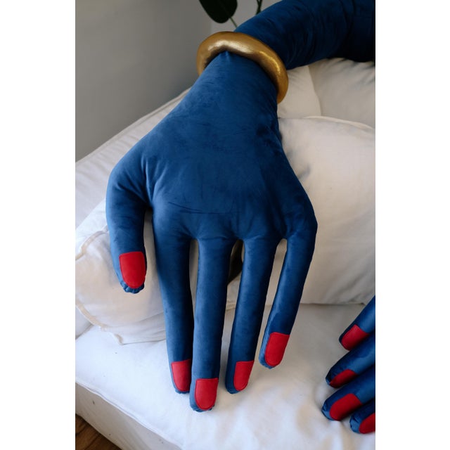 2020s Large Blue Hand Shaped Pillow ,Handmade Velvet Cushion,Unique Decorative Throw Pillow For Sale - Image 5 of 7