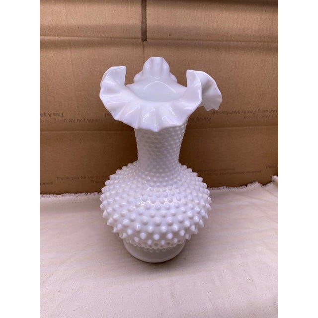 Glass Vintage MCM Fenton White Milk Glass Hobnail Ruffled Crimped Edge Vase 11" For Sale - Image 7 of 7