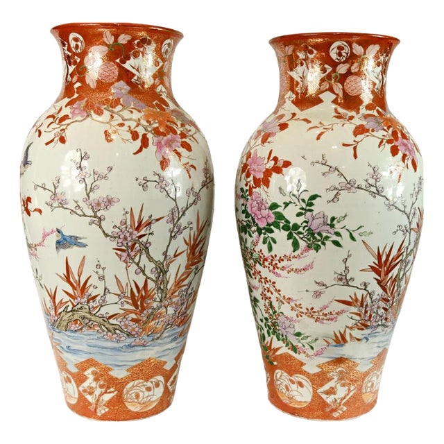 Antique Japanese Satsuma Porcelain Floor Vases with Bird and Blossom Decoration, Set of 2 For Sale