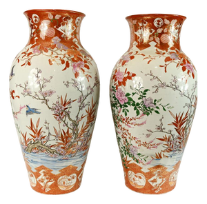 Antique Japanese Satsuma Porcelain Floor Vases with Bird and Blossom Decoration, Set of 2