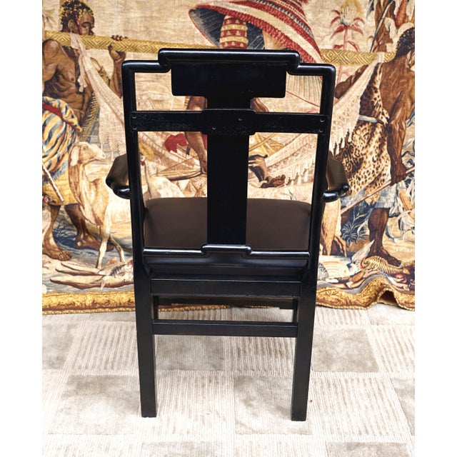 Chinese Early 20th Century Black Lacquer Chinese Influence Charcoal Leather Dining Chairs- Set of 4 For Sale - Image 3 of 13