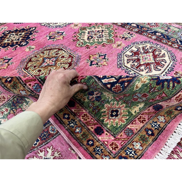 Pink Kazak Tribal Rug With Green Border, 4'11" X 6'8" For Sale - Image 6 of 13