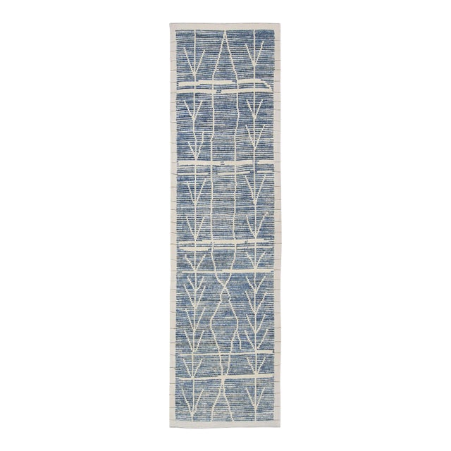 Early 21st Century Blue 21st Century Modern Moroccan Style Wool Runner 3'2" X 11'2" For Sale