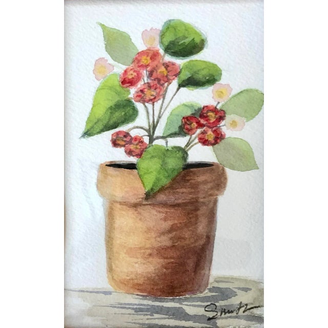 It’s time to think about planting, about beautiful flowers in terra cotta pots. Signed Watercolor of a potted plant in oak...