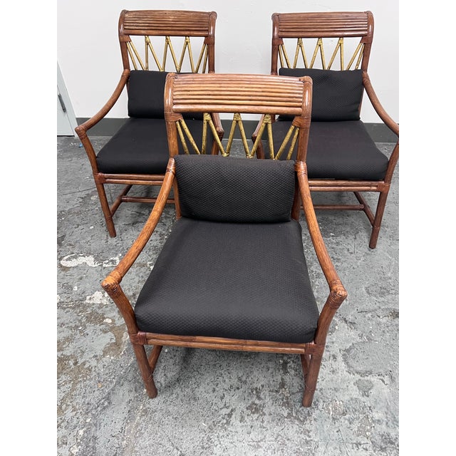 Late 20th Century McGuire Style Bamboo + Rattan Armchairs, Set of Three For Sale - Image 5 of 12