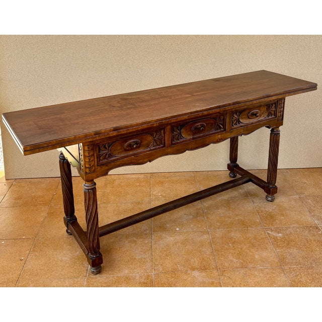 Spanish Walnut Drop-Leaf Table with Three Drawers, 1930s For Sale - Image 6 of 15