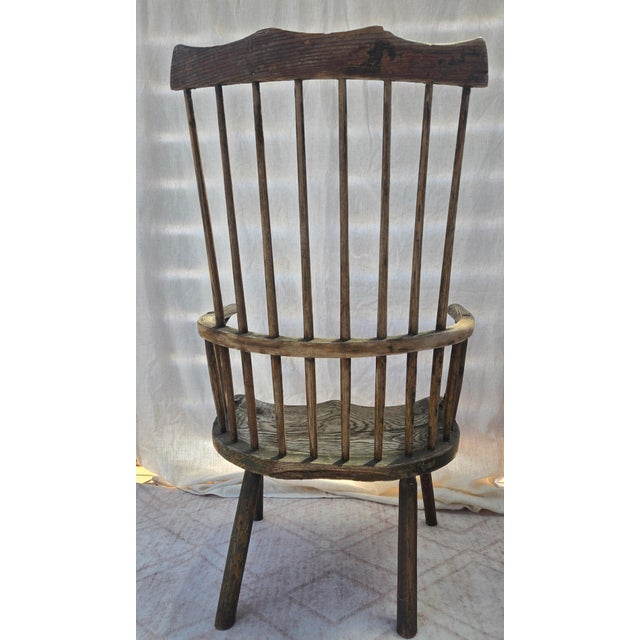 Antique Vernacular. Pair of 19thC Country Primitive Comb/Stick-Back Windsor Chairs With Original Green Paint For Sale - Image 9 of 14