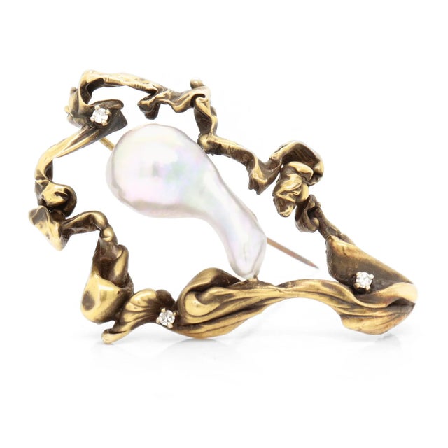 White Mid-Century Brutalist 14k Gold, Diamond, and Large Grey Baroque Pearl Brooch For Sale - Image 8 of 13